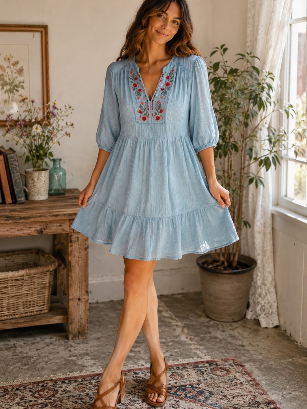 Knox Rose Light Blue Embroidered Tiered Mini Dress